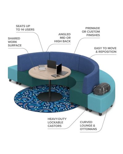 Mid Back | Ninderry Many Rivers Fabric Back / Lustrell Allure Denim Seat | Polar White Top / Black Base Platter Table | Lustrell Allure Jungle Rear Ottomans | Accessories not included