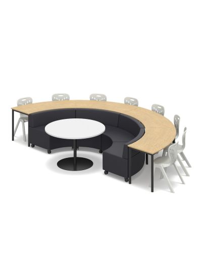 Mid Back | Lustrell Charisma Cobalt Vinyl Lounges| Polar White Top / Black Base Platter Table  | Raw Birch Top / Black Base Cush Curve Tables | Oyster Grey Dynami Stools