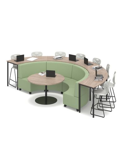 Mid Back | Lustrell Charisma Cobalt Vinyl Lounges| Polar White Top / Black Base Platter Table  | Raw Birch Top / Black Base Cush Curve Tables | Oyster Grey Dynami Stools