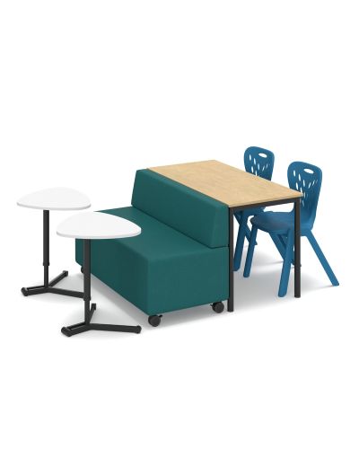 Mid Back | Beachcomber Teal Fabric Lounge | Polar White Top / Black Base Platter Jotter Tables | Raw Birch Top / Black Base Cush Straight Table | Capri Blue Dynami Student Chairs