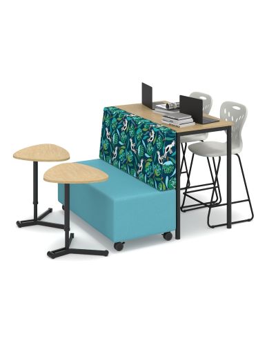 Mid Back | Beachcomber Teal Fabric Lounge | Polar White Top / Black Base Platter Jotter Tables | Raw Birch Top / Black Base Cush Straight Table | Capri Blue Dynami Student Chairs