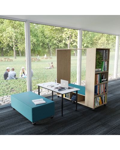 Rural Oak / Beachcomber Manuka Fabric Seat | Writeable Table | Beachcomber Midnight Fabric Showtime Lounge | Pictured in Setting