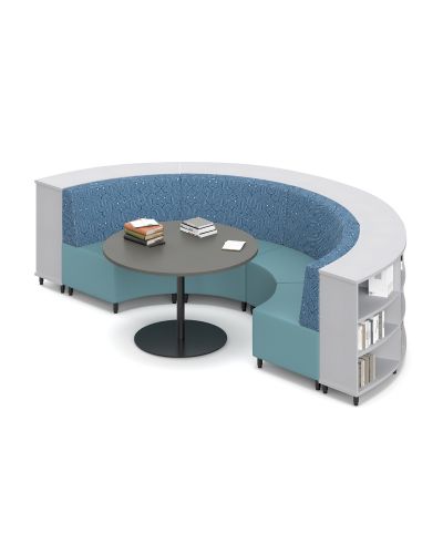 High Back | Geo Arches Back Fabric / Lustrell Allure Ether Vinyl Seat Static Lounges | New Graphite Top / Black Base Platter Table | Zincworks Cush Curve Bookcases | Accessories not included