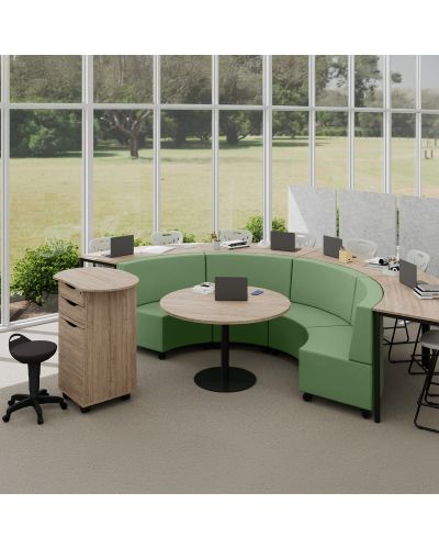 Mid Back | Lustrell Charisma Cobalt Vinyl Mobile Lounges| Polar White Top / Black Base Platter Table  | Raw Birch Top / Black Base Cush Curve Tables | Oyster Grey Dynami Stools