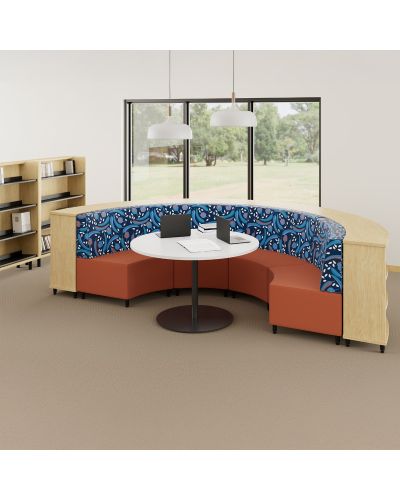 High Back | Geo Arches Back Fabric / Lustrell Allure Ether Vinyl Seat Static Lounges | New Graphite Top / Black Base Platter Table | Zincworks Cush Curve Bookcases | Accessories not included