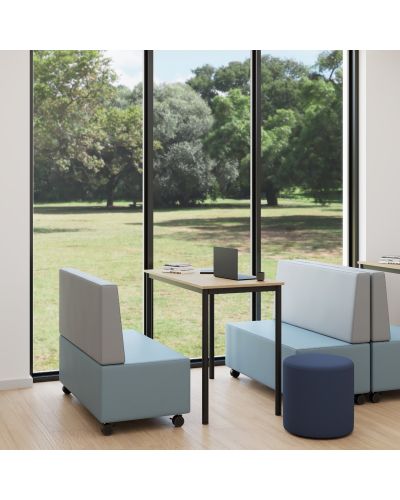 Mid Back | Ninderry Saltwater Country Fabric Back / Lustrell Aura Indigo Vinyl Seat Mobile Lounges | Raw Birch Top / Black Base Cush Straight Table | Accessories Not Included