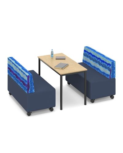 Mid Back | Ninderry Saltwater Country Fabric Back / Lustrell Aura Indigo Vinyl Seat Mobile Lounges | Raw Birch Top / Black Base Cush Straight Table | Accessories Not Included