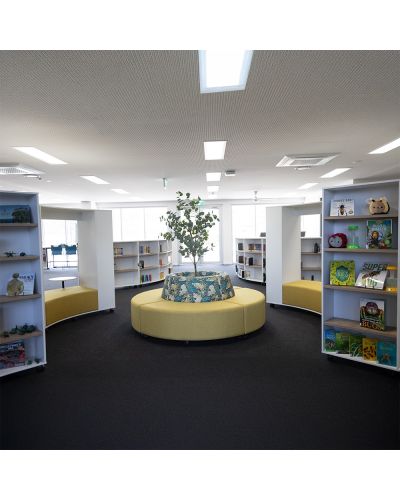 Bookcase to LHS | Raw Birch Ply / Beachcomber Atlantic Fabric Seat