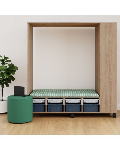 Bookcase to LHS | Raw Birch Ply / Beachcomber Cobalt Fabric Seat | Oyster Grey & Charcoal Stash Trays