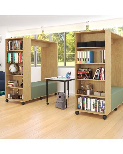 Bookcase to LHS | Raw Birch Ply / Lustrell Charisma Stone Vinyl Seat