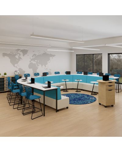 Mid Back | Australiana Gum Fabric Back / Lustrell Charisma Amethyst Seat Mobile Lounges | Polar White Top / Black Base Orbit Tables | Zincworks Top / Black Base Cush Tables | Oyster Grey Dynami Student Chairs | Accessories not included