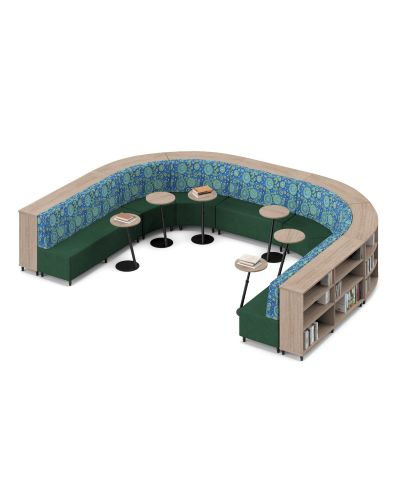 High Back | Ninderry Yarning Circles Fabric Back /  Beachcomber Forest Fabric Seat Static Lounges | Rural Oak Top / Black Base Orbit Tables  | Rural Oak Cush Bookcases | Accessories not included