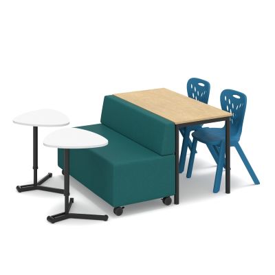 Mid Back | Beachcomber Teal Fabric Lounge | Polar White Top / Black Base Platter Jotter Tables | Raw Birch Top / Black Base Cush Straight Table | Capri Blue Dynami Student Chairs