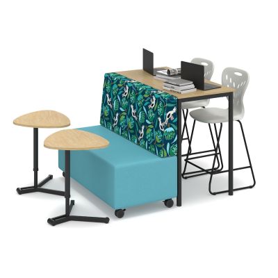 Mid Back | Beachcomber Teal Fabric Lounge | Polar White Top / Black Base Platter Jotter Tables | Raw Birch Top / Black Base Cush Straight Table | Capri Blue Dynami Student Chairs