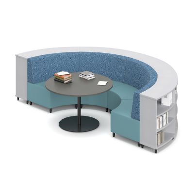 High Back | Geo Arches Back Fabric / Lustrell Allure Ether Vinyl Seat Static Lounges | New Graphite Top / Black Base Platter Table | Zincworks Cush Curve Bookcases | Accessories not included