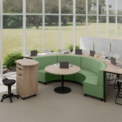 Mid Back | Lustrell Charisma Cobalt Vinyl Mobile Lounges| Polar White Top / Black Base Platter Table  | Raw Birch Top / Black Base Cush Curve Tables | Oyster Grey Dynami Stools