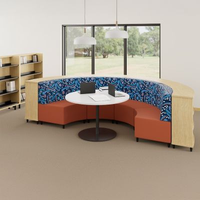 High Back | Geo Arches Back Fabric / Lustrell Allure Ether Vinyl Seat Static Lounges | New Graphite Top / Black Base Platter Table | Zincworks Cush Curve Bookcases | Accessories not included