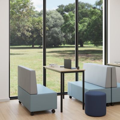 Mid Back | Ninderry Saltwater Country Fabric Back / Lustrell Aura Indigo Vinyl Seat Mobile Lounges | Raw Birch Top / Black Base Cush Straight Table | Accessories Not Included