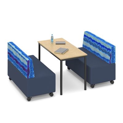 Mid Back | Ninderry Saltwater Country Fabric Back / Lustrell Aura Indigo Vinyl Seat Mobile Lounges | Raw Birch Top / Black Base Cush Straight Table | Accessories Not Included