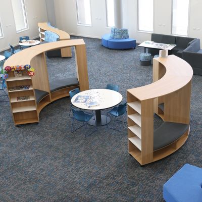 Bookcase to LHS | Rural Oak / Beachcomber Midnight Fabric Seat