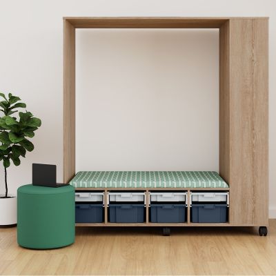 Bookcase to LHS | Raw Birch Ply / Beachcomber Cobalt Fabric Seat | Oyster Grey & Charcoal Stash Trays