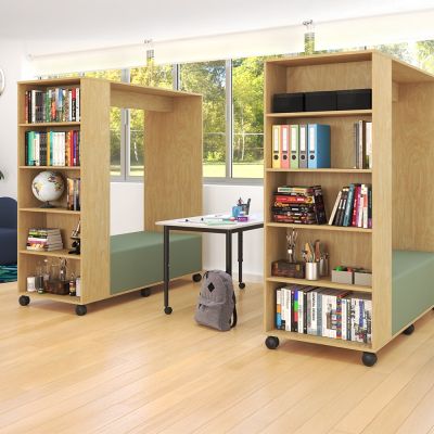 Bookcase to LHS | Raw Birch Ply / Lustrell Charisma Stone Vinyl Seat