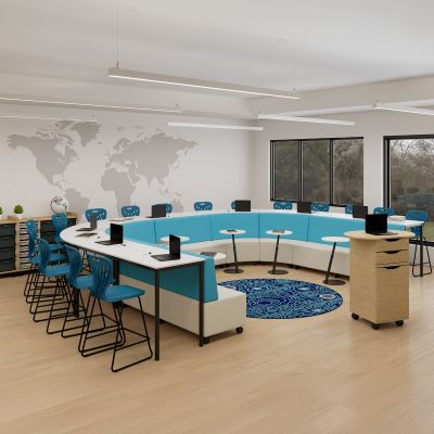 Mid Back | Australiana Gum Fabric Back / Lustrell Charisma Amethyst Seat Mobile Lounges | Polar White Top / Black Base Orbit Tables | Zincworks Top / Black Base Cush Tables | Oyster Grey Dynami Student Chairs | Accessories not included
