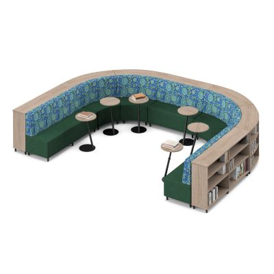 High Back | Ninderry Yarning Circles Fabric Back /  Beachcomber Forest Fabric Seat Static Lounges | Rural Oak Top / Black Base Orbit Tables  | Rural Oak Cush Bookcases | Accessories not included
