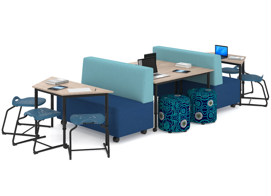 Dynami Sled Base Student Chairs in Capri Blue around tables and Lounges