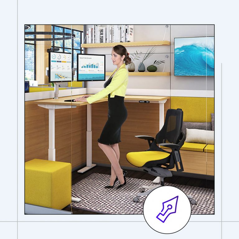 woman standing at a sit stand desk in her office