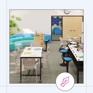 a colourful classroom with a blue colour scheme