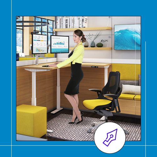 woman standing at a sit stand desk in her office