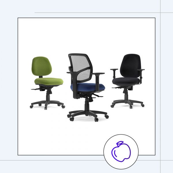 three ergonomic chairs, one with a mesh back an blue cushion, and another that is all green fabric