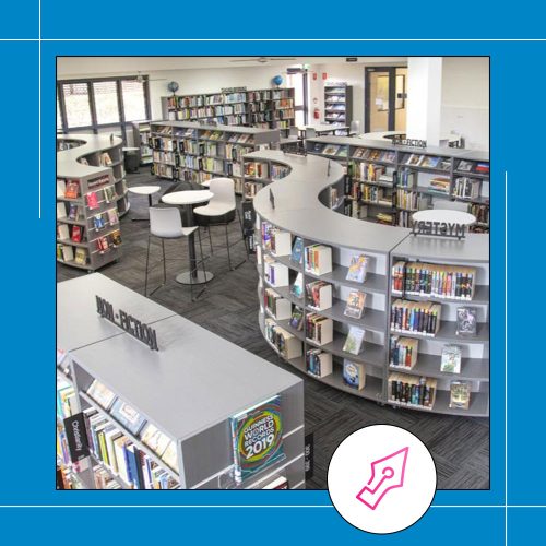 a school library with shelves full of books