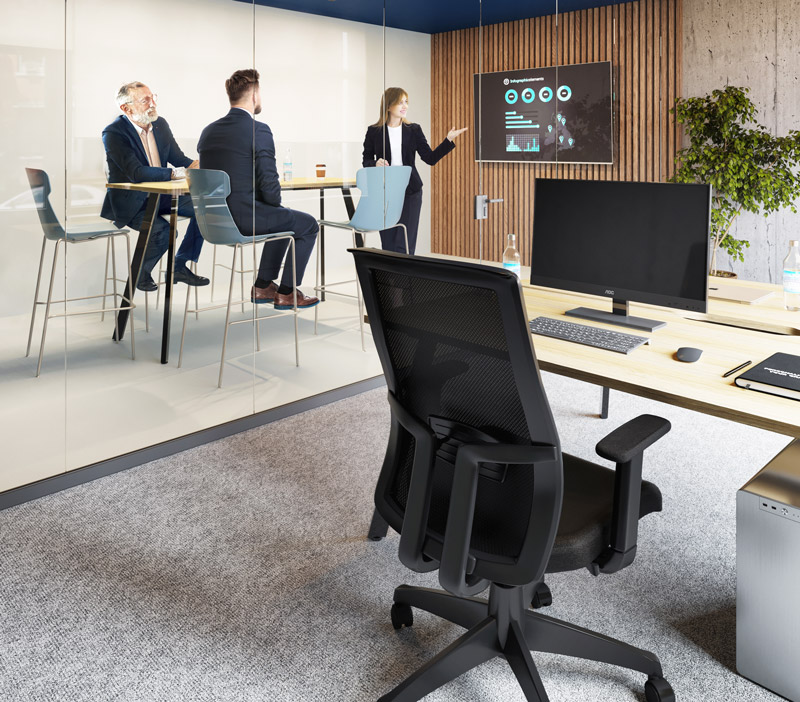 office environment with an ergonomic chair at a desk