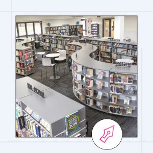 a school library with shelves full of books