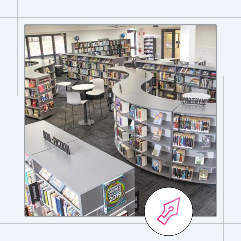 a school library with shelves full of books